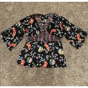 Vtg Y2k Top Womens 2XL 3/4 Bell Sleeve Asian Inspired Kimono Top Tie Back Floral